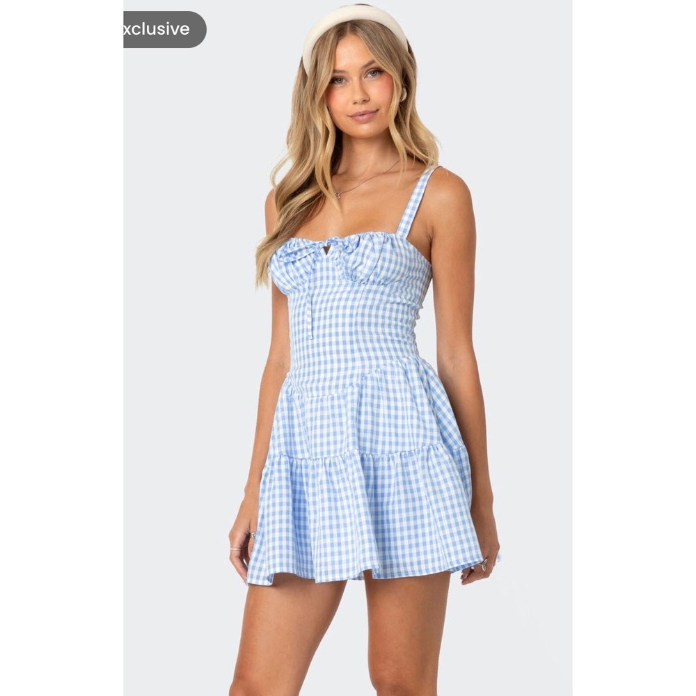 Edikted Basil Cupped Gingham Mini Dress – Blue/White – Women's Size Small – NWT